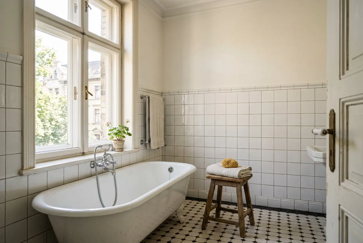 Symbolbild: Altbau-Badezimmer mit hoher Decke und Stuckleiste, weißen Wandfliesen bis halbe Höhe, Badewanne auf Füßen vor einem hohen Fenster und schwarz-weißem Fliesenboden