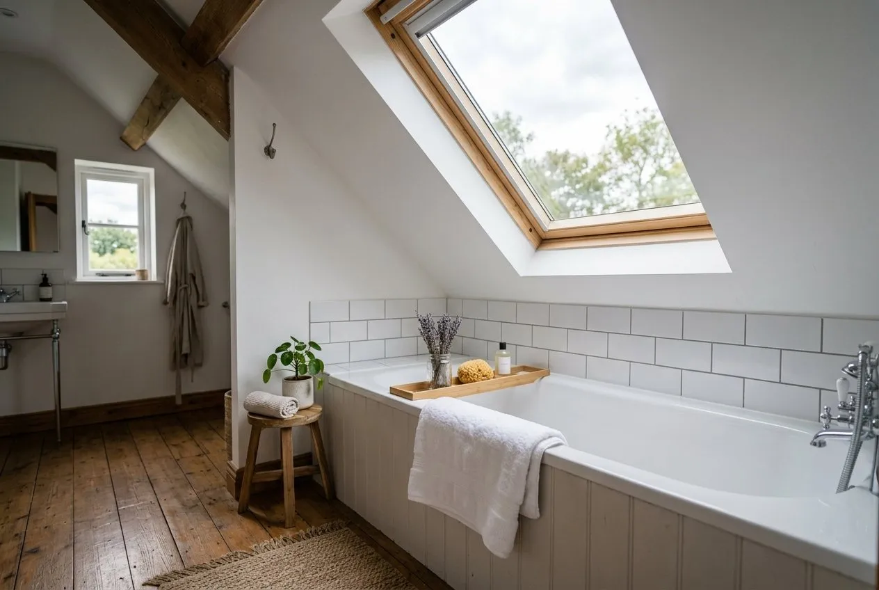 Symbolbild: Badezimmer unter der Dachschräge mit Dachfenster, eingebaute Badewanne an der niedrigen Wand, weiße Fliesen und Holzboden