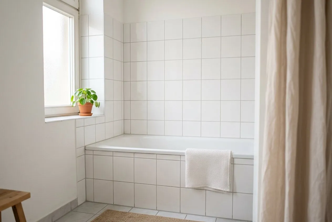 Symbolbild: helles, weiß gefliestes Bad mit eingebauter Badewanne in einer Nische, Fenster mit Pflanze, rechts unscharf ein heller Stoffvorhang