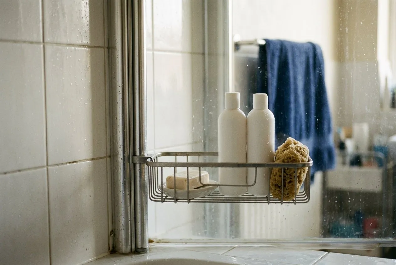 Symbolbild: Drahtkorb an einer senkrechten Metallstange am Rand der Dusche, darin zwei weiße Flaschen ohne Aufschrift, ein Stück Seife und ein Naturschwamm