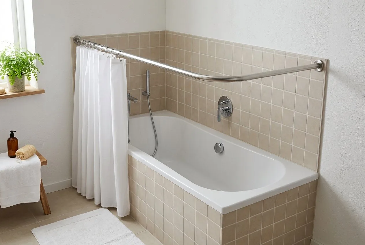Symbolbild: Badewanne an beigefarbenen Fliesen, darüber eine silberne Vorhangstange mit abgerundetem Knick, ein weißer Duschvorhang ist zur Seite geschoben