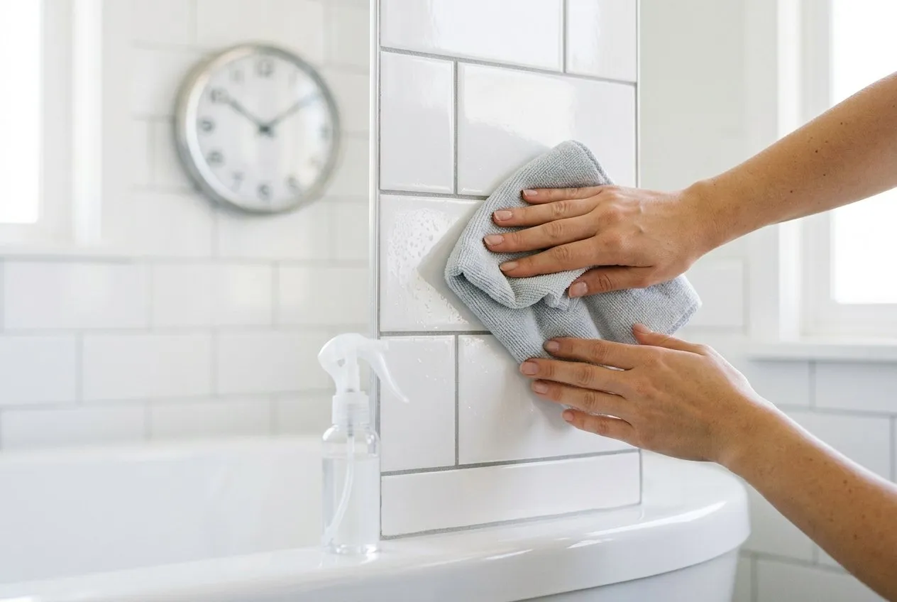 Zwei Hände reinigen eine glänzende weiße Wandfliese mit einem Tuch, im Hintergrund eine Uhr