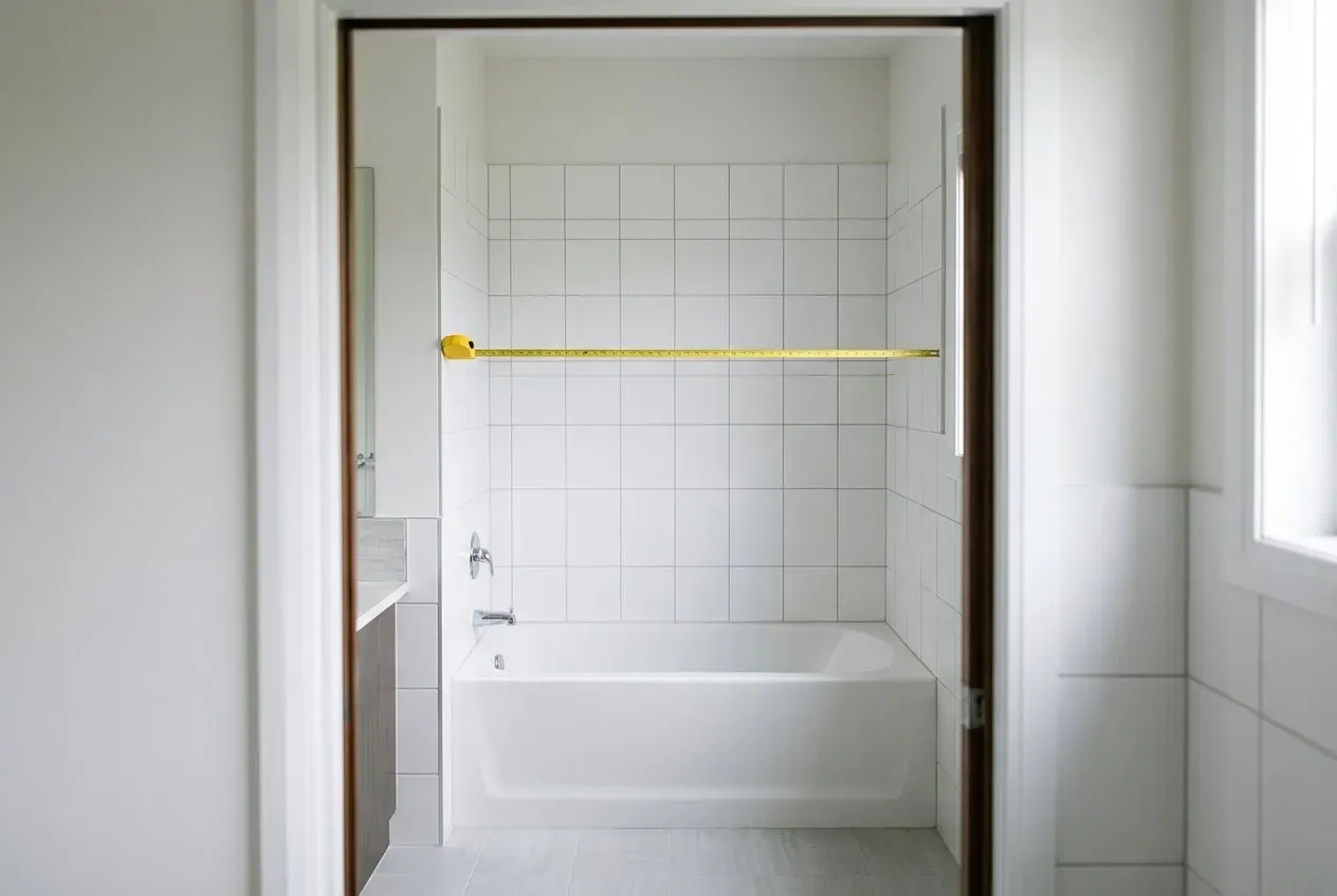 Symbolbild: Blick durch die Badtür auf eine Badewanne in einer weiß gefliesten Nische, ein gelbes Maßband ist auf Stangenhöhe von Seitenwand zu Seitenwand gespannt