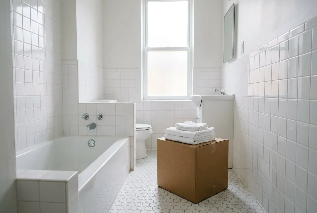 Symbolbild: leeres, weiß gefliestes Mietbad mit Badewanne und Umzugskarton