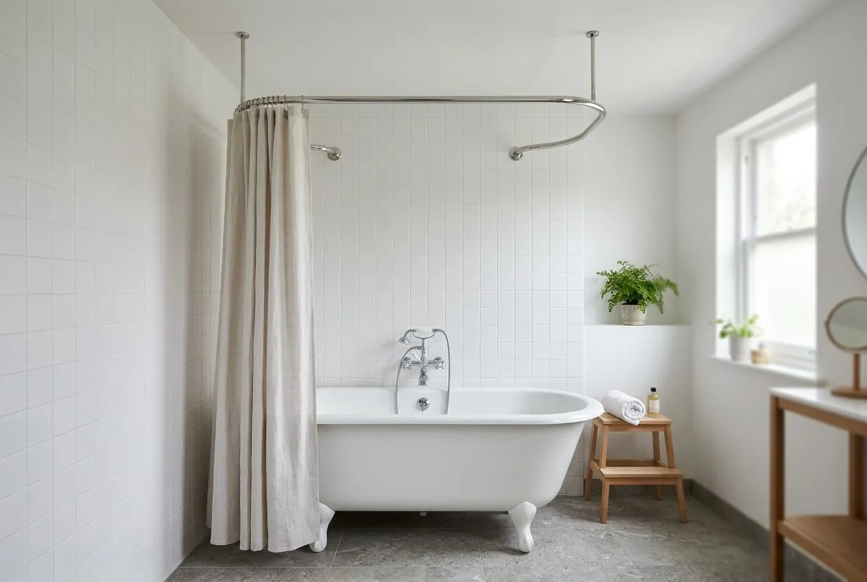 Symbolbild: Badewanne auf Füßen vor einer weiß gefliesten Wand, darüber eine U-förmige Vorhangstange, deren Enden an der Wand sitzen und die vorn von zwei senkrechten Stützen zur Decke gehalten wird, ein Leinenvorhang hängt an einer Seite