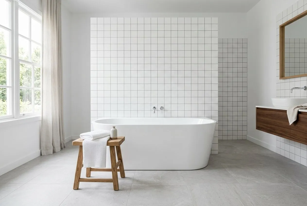 Symbolbild: weiße Badewanne, die nur mit einer Seite an einer gefliesten Wand steht, davor ein Holzhocker mit Handtüchern