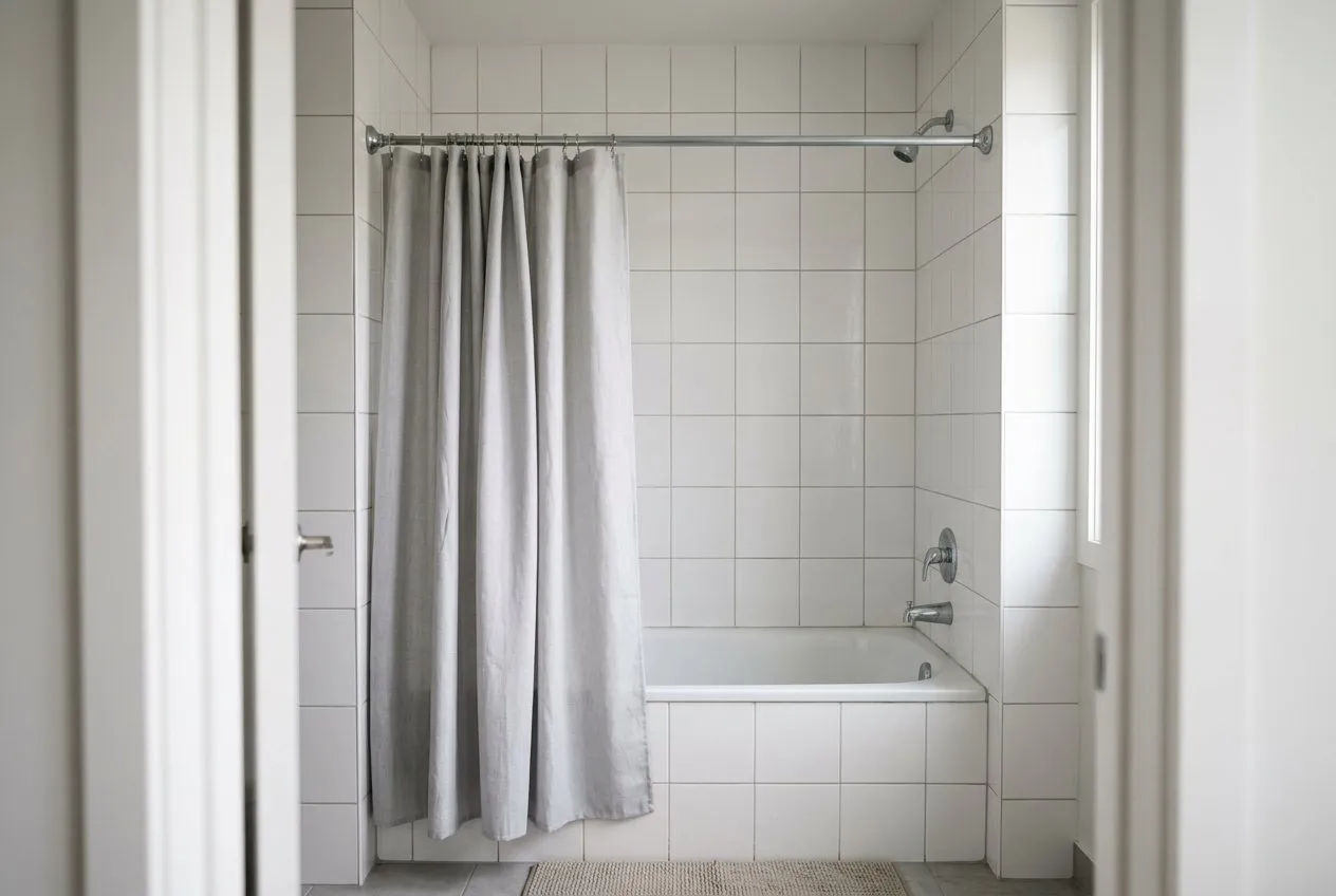 Symbolbild: Blick durch die Badtür auf eine Badewanne in einer weiß gefliesten Nische, ein grauer Duschvorhang hängt an einer geraden Stange von Seitenwand zu Seitenwand