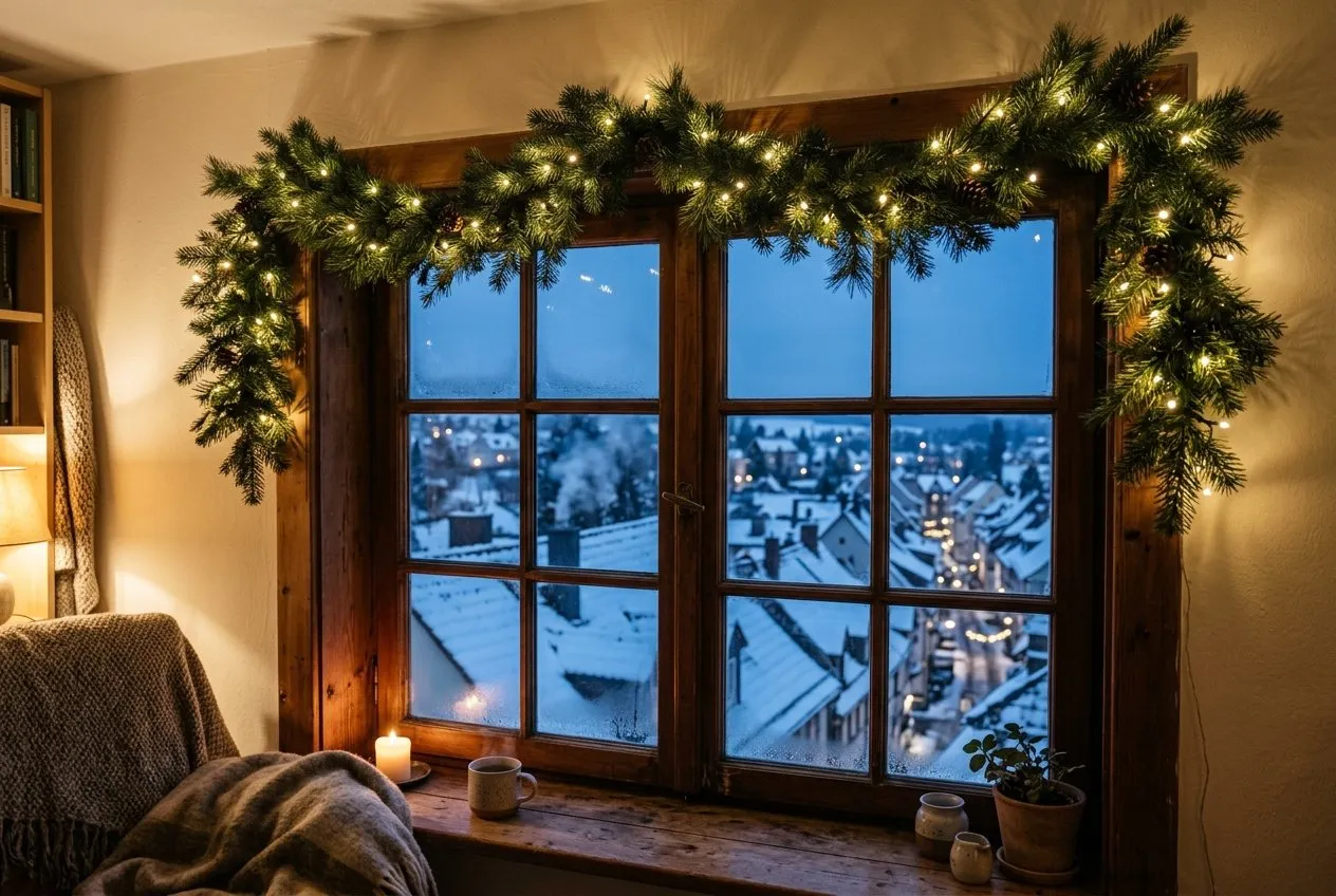 Symbolbild: Sprossenfenster in der Winterdämmerung, darüber eine Tannengirlande mit Lichterkette